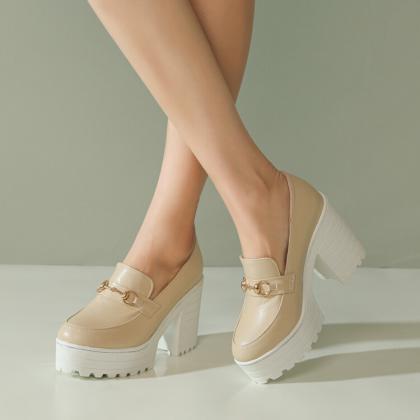 Women Pu Leather Round Toe Metal Bl..