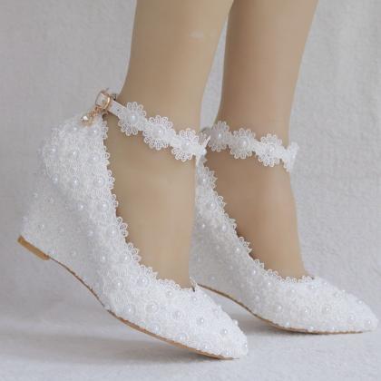 Pointed Toe Pearls Lace Shallow Ankle Strap Wedge..