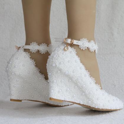 Pointed Toe Pearls Lace Shallow Ankle Strap Wedge..