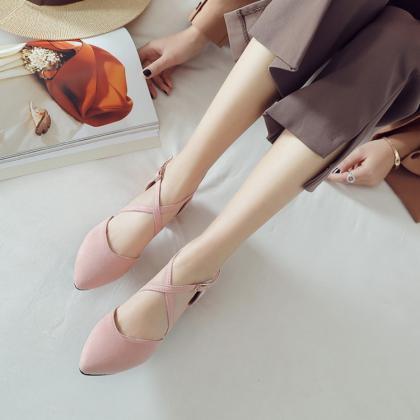 Women Suede Pointed Toe Hollow Out Block Heel..