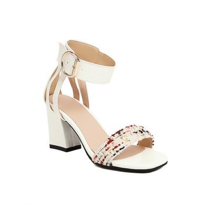 Women Color Blocking Ankle Strap Metal Buckle..