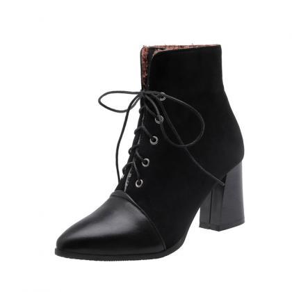 Women Pointed Toe Lace Up High Heels Short Boots..