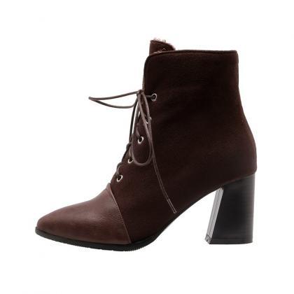 Women Pointed Toe Lace Up High Heels Short Boots..