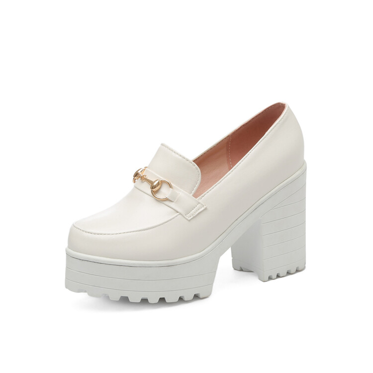 Women Pu Leather Round Toe Metal Block Chunky Heel Platform Shoes Opbdg