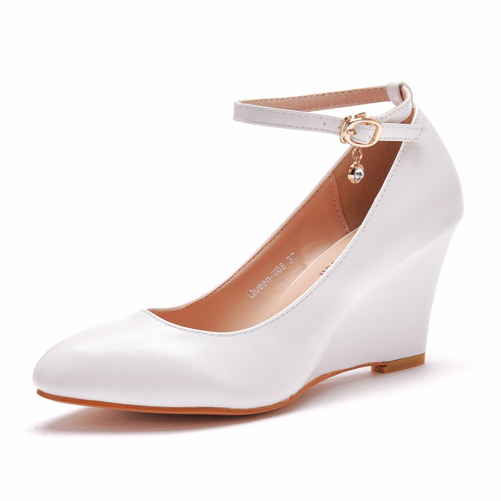 Pointed Toe Rhinestone Ankle Strap 8cm Wedge Heel Women Pumps Wedding Shoes 2gckl