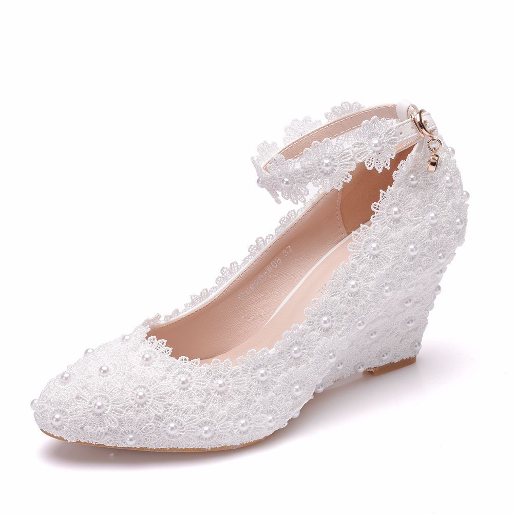 Pointed Toe Pearls Lace Shallow Ankle Strap Wedge Heel Women Pumps Wedding Shoes Gwsec