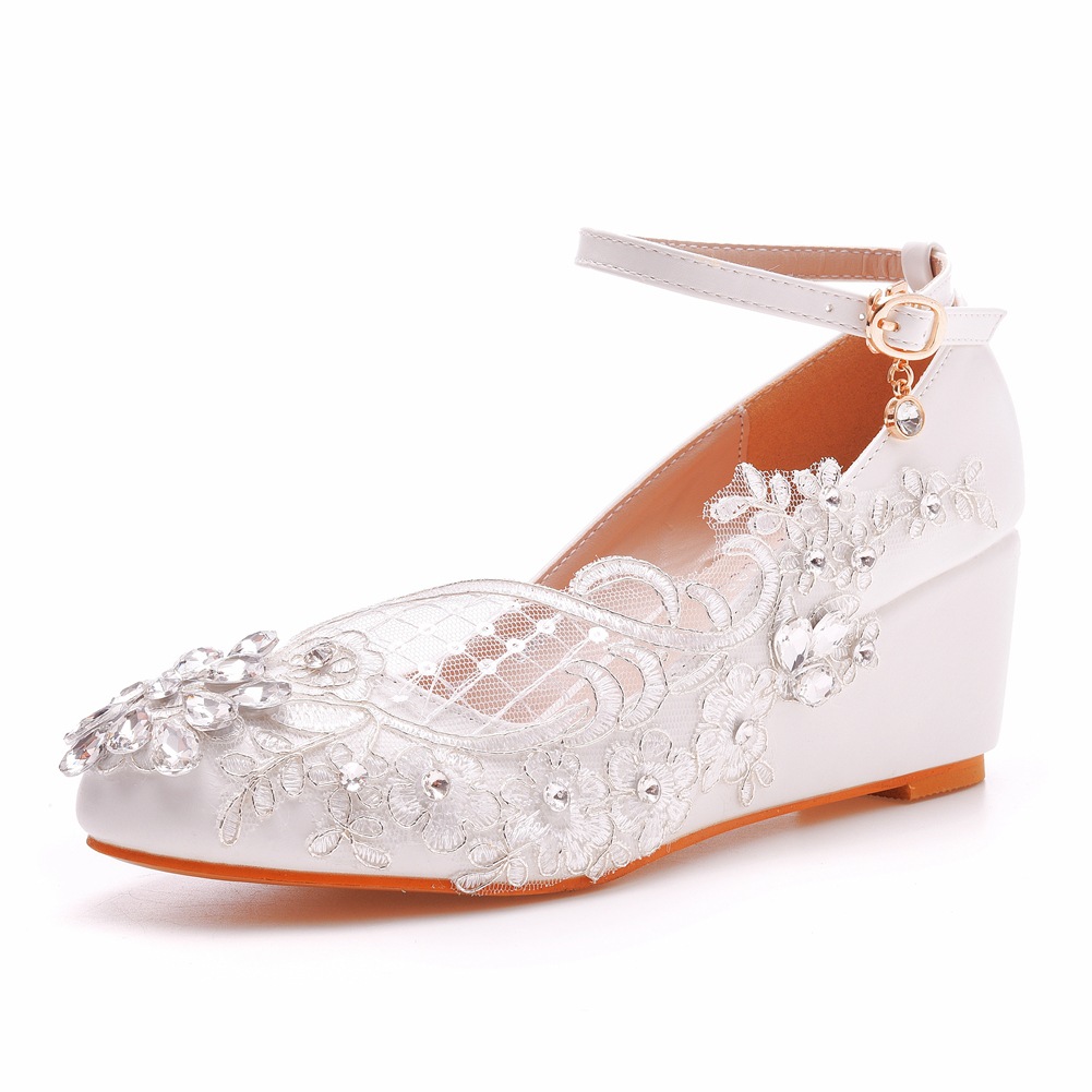 Almond Toe Rhinestone Mesh Ankle Strap 5cm Wedge Heel Women Pumps Wedding Shoes Q05or