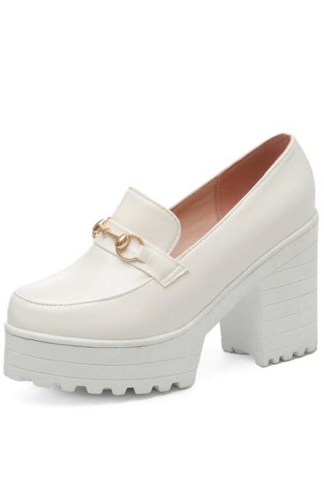 Women Pu Leather Round Toe Metal Block Chunky Heel Platform Shoes Opbdg