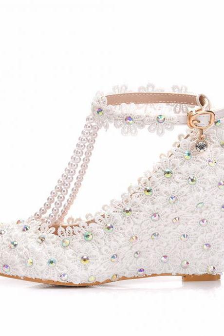 Colorful Rhinestone Ankle Strap 8cm Wedge Heel Women Pumps Wedding Shoes 22bBp