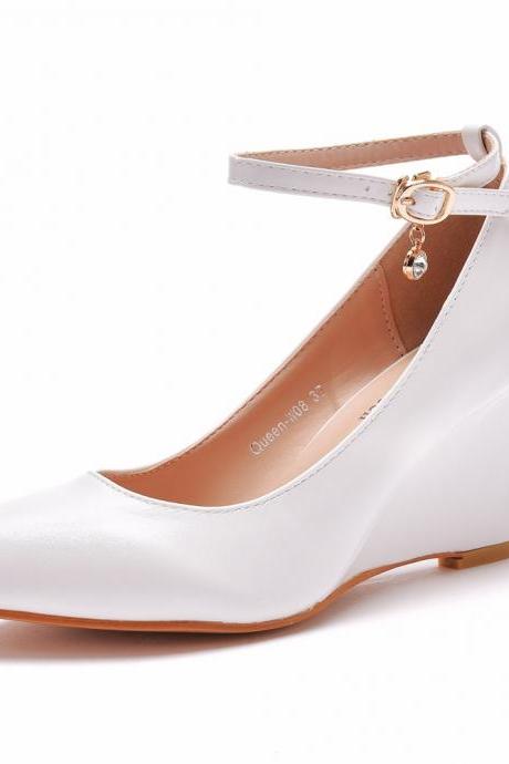 Pointed Toe Rhinestone Ankle Strap 8cm Wedge Heel Women Pumps Wedding Shoes 2GckL