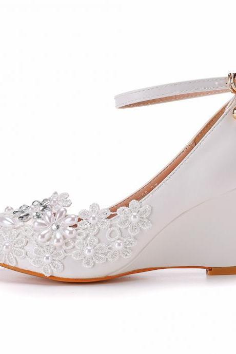 Pearls Shallow Lace Rhinestone Ankle Strap 7cm Wedge Heel Women Pumps Wedding Shoes CYt8V