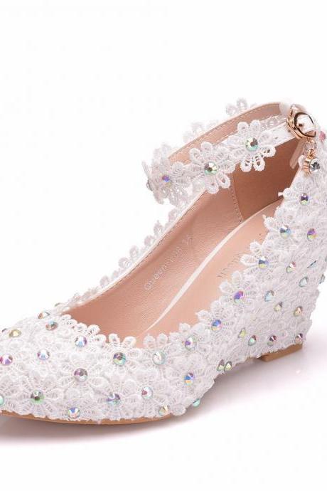 Rhinestone Lace Ankle Strap 8cm Wedge Heel Women Pumps Wedding Shoes at9CW