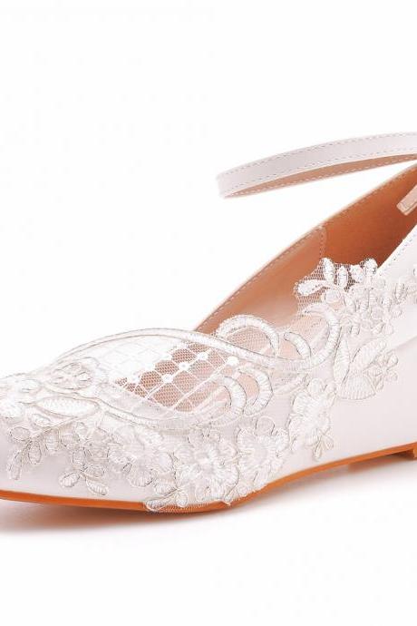 Almond Toe Shallow Ankle Strap 5cm Wedge Heel Women Pumps Wedding Shoes h6rHP