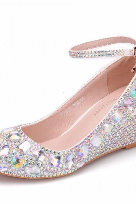 Almond Toe Rhinestone Ankle Strap 5cm Wedge Heel Women Pumps Wedding Shoes VDBFa