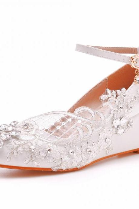 Almond Toe Rhinestone Mesh Ankle Strap 5cm Wedge Heel Women Pumps Wedding Shoes Q05or