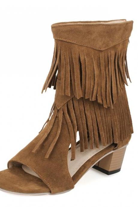 Women Solid Color Suede Tassel Round Toe Hollow Out Block Heel Sandals Sd845