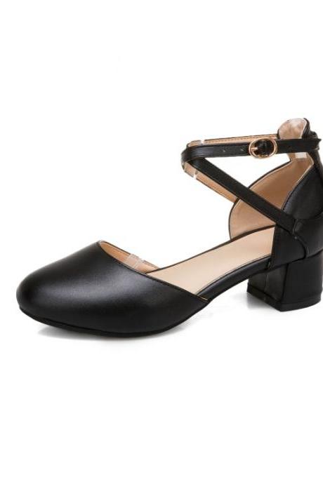 Women Solid Color Round Toe Cross Strap Block Heel Sandals ksYu7