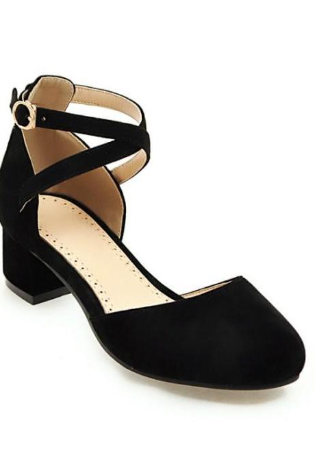 Women Suede Solid Color Round Toe Cross Strap Block Heel Sandals YiPSg