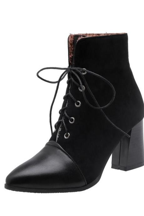 Women Pointed Toe Lace Up High Heels Short Boots EgP0Z